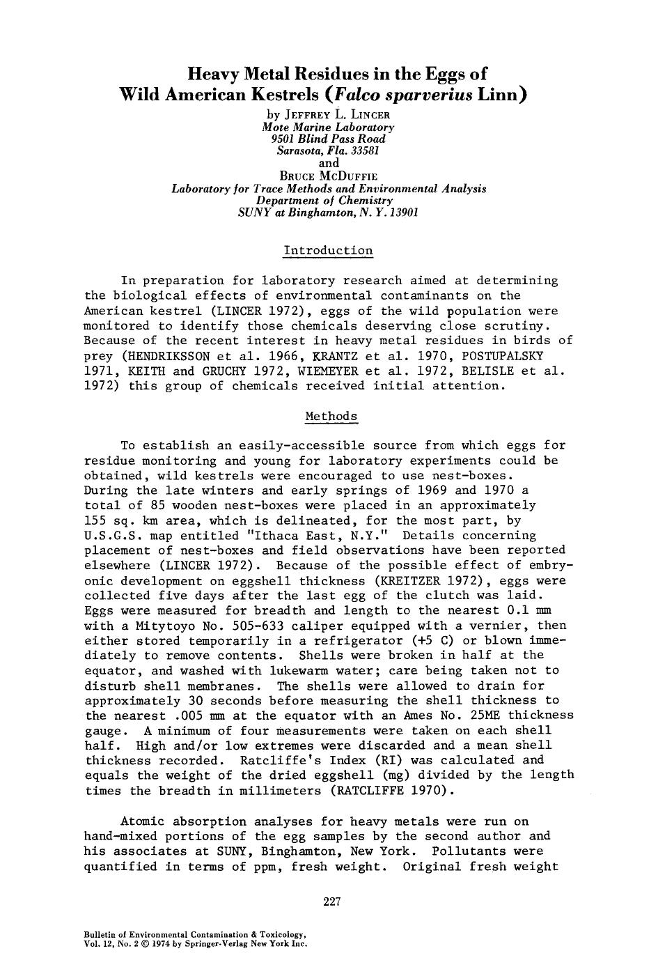 Heavy metal residues in the eggs of wild american kestrels ( <Emphasis Type="Italic">Falco sparverius <Emphasis> Linn) by Unknown