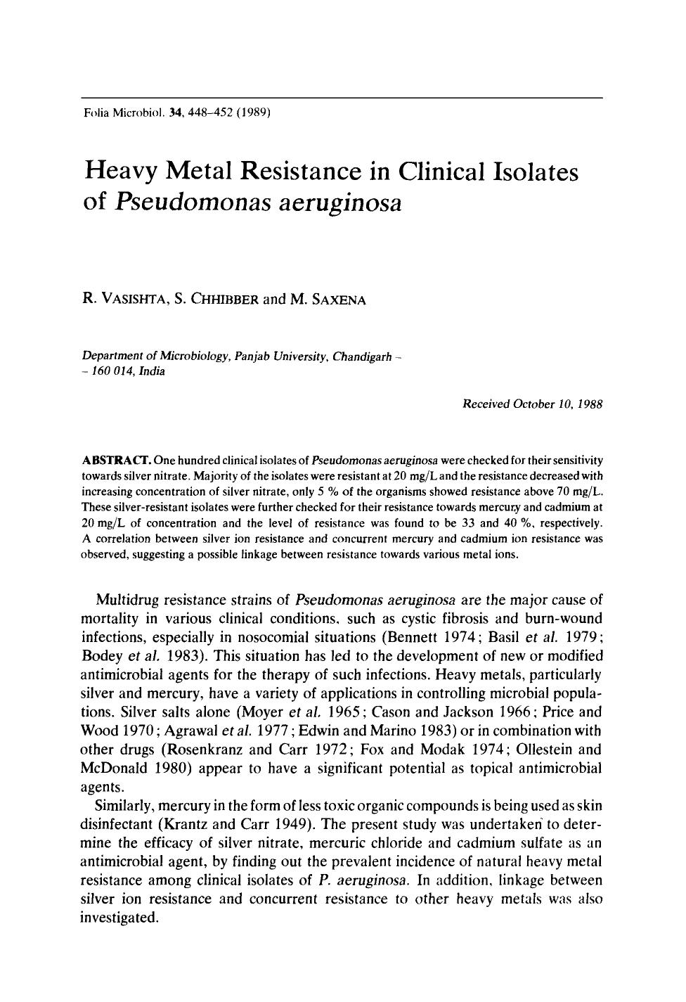 Heavy metal resistance in clinical isolates of <Emphasis Type="Italic">Pseudomonas aeruginosa <Emphasis> by Unknown