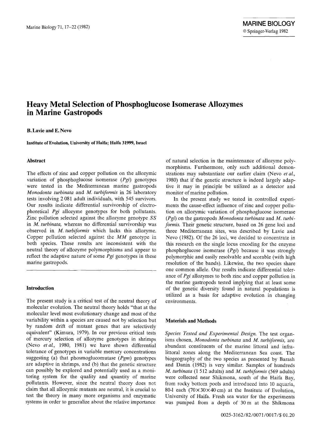 Heavy metal selection of phosphoglucose isomerase allozymes in marine gastropods by Unknown