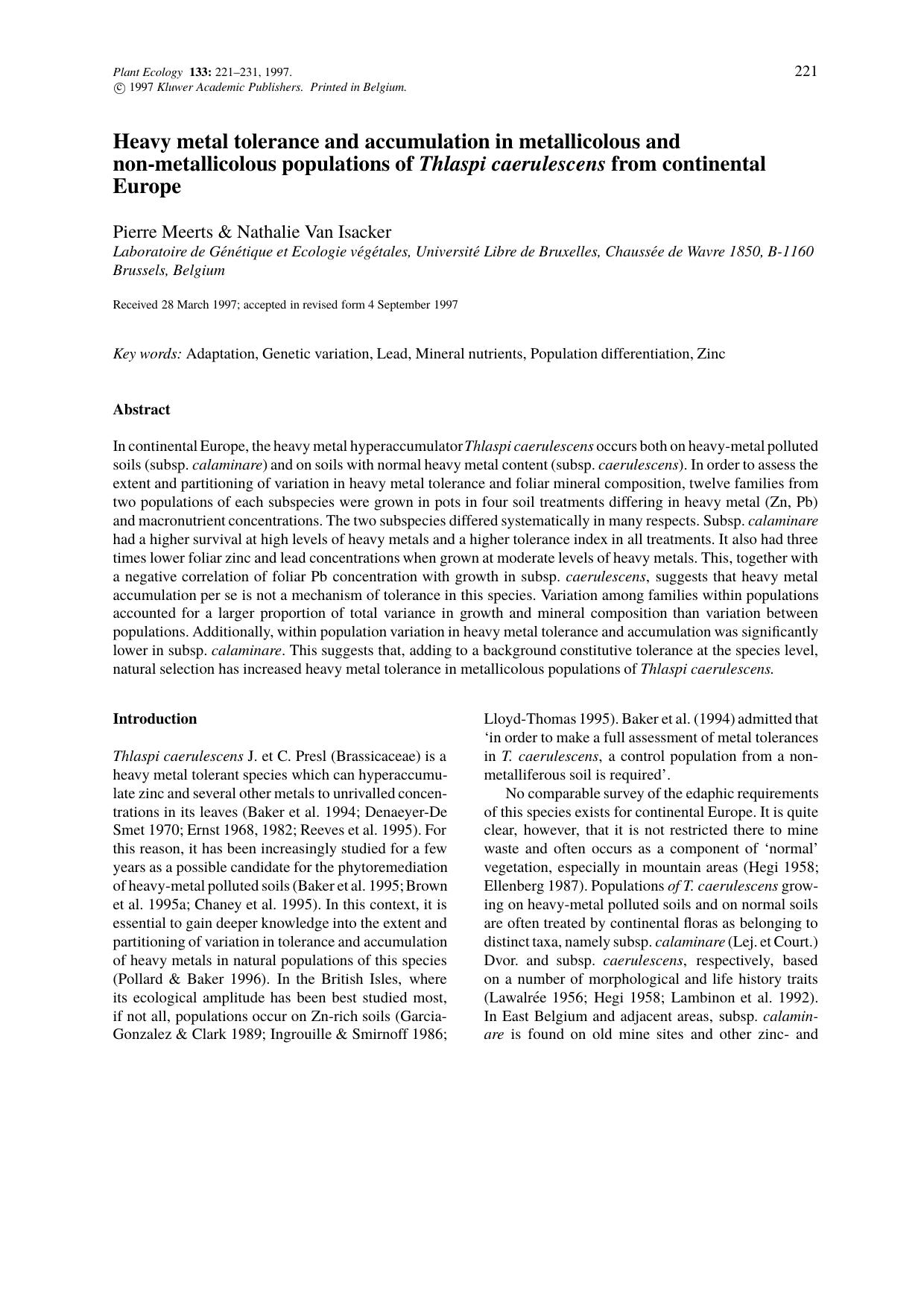 Heavy metal tolerance and accumulation in metallicolous and non-metallicolous populations of Thlaspi caerulescens from continental Europe by Unknown