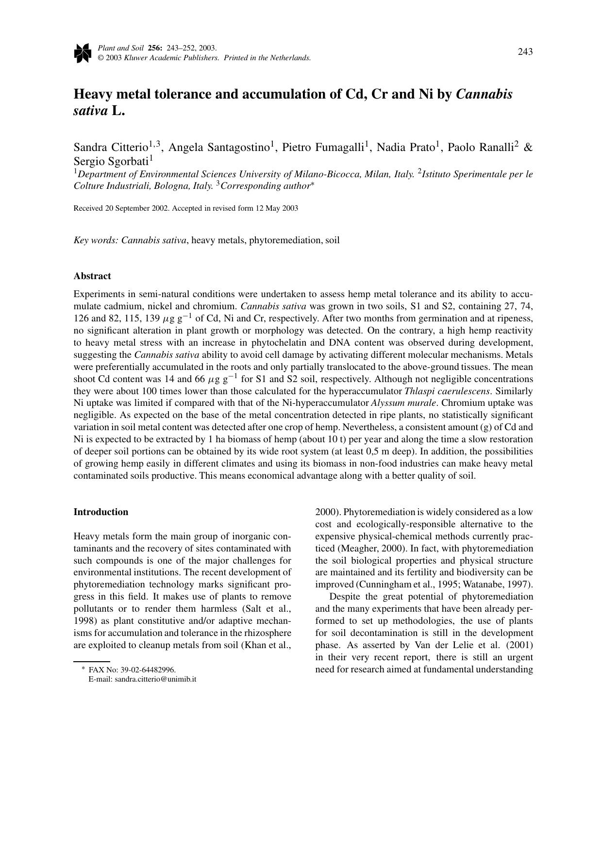 Heavy metal tolerance and accumulation of Cd, Cr and Ni by Cannabis sativa L. by Unknown