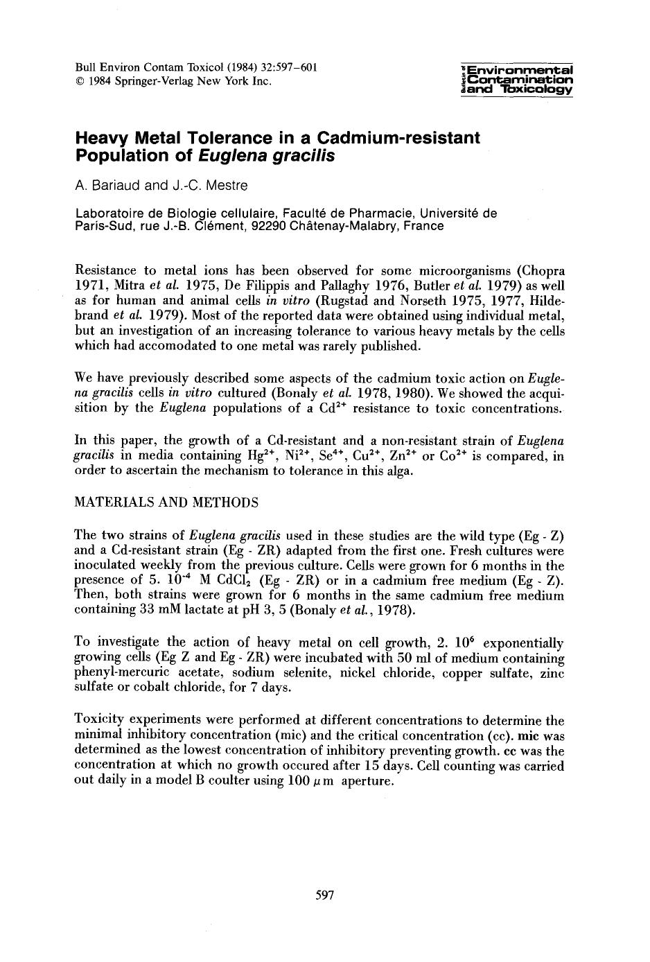 Heavy metal tolerance in a cadmium-resistant population of <Emphasis Type="Italic">Euglena gracilis <Emphasis> by Unknown