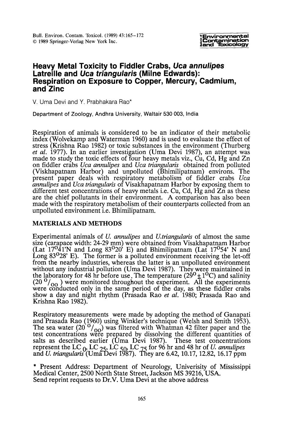 Heavy metal toxicity to fiddler crabs, <Emphasis Type="Italic">Uca annulipes <Emphasis> latreille and <Emphasis Type="Italic">Uca triangularis <Emphasis> (Milne Edwards): Respirati by Unknown