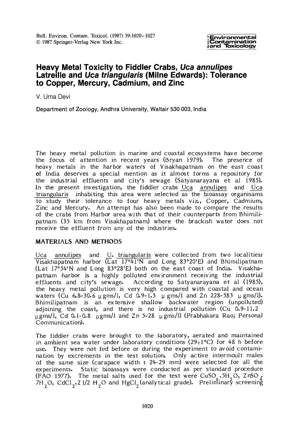 Heavy metal toxicity to fiddler crabs, <Emphasis Type="Italic">Uca annulipes <Emphasis> latreille and <Emphasis Type="Italic">Uca triangularis <Emphasis> (Milne Edwards): Tolerance by Unknown