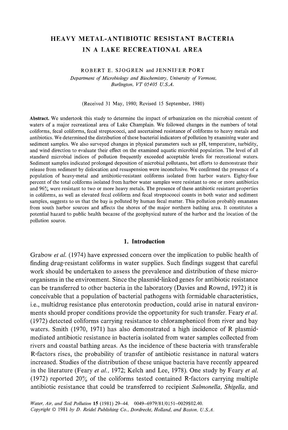 Heavy metal-antibiotic resistant bacteria in a lake recreational area by Unknown