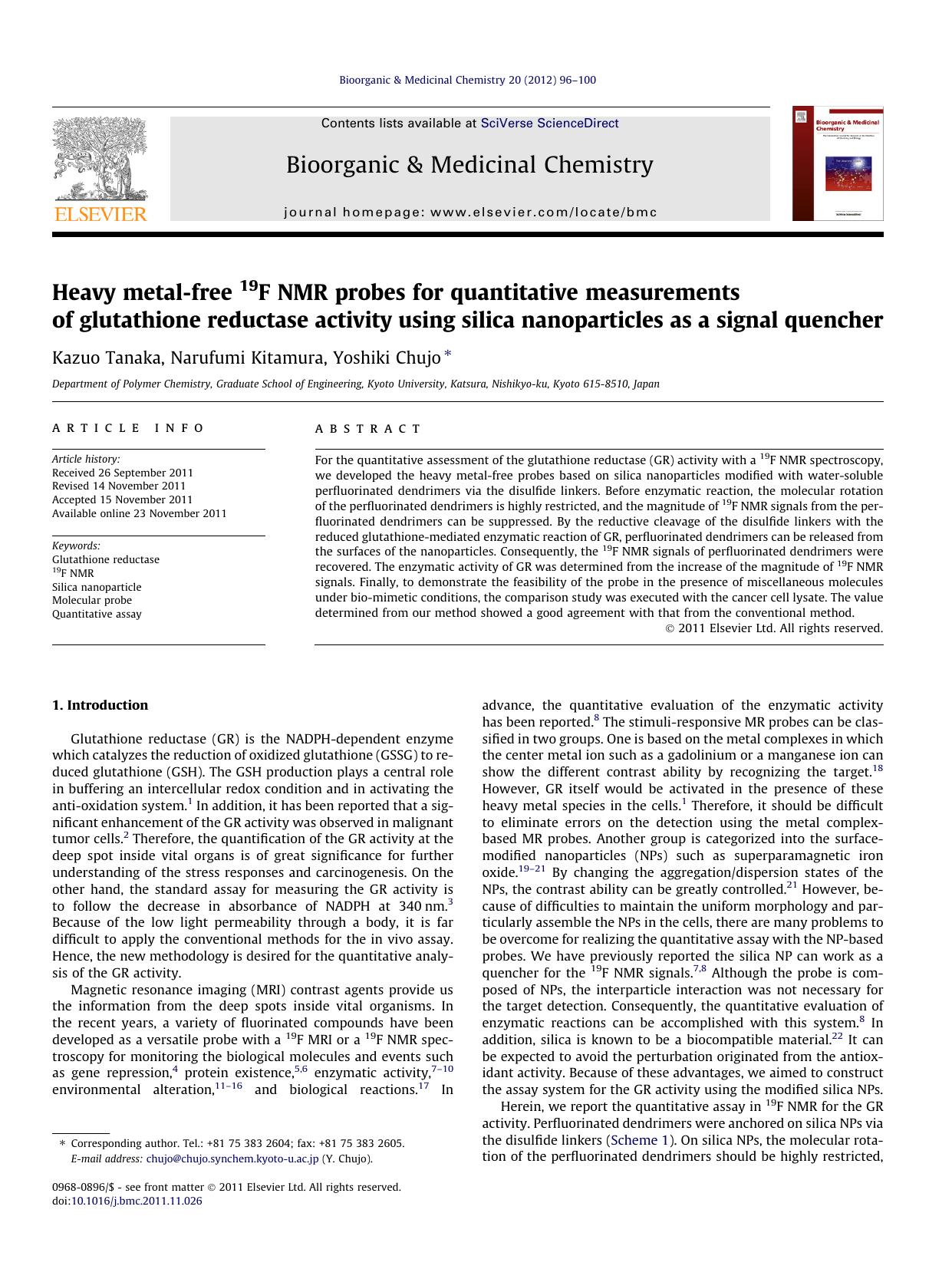 Heavy metal-free 19F NMR probes for quantitative measurements of glutathione reductase activity using silica nanoparticles as a signal quencher by Kazuo Tanaka & Narufumi Kitamura & Yoshiki Chujo