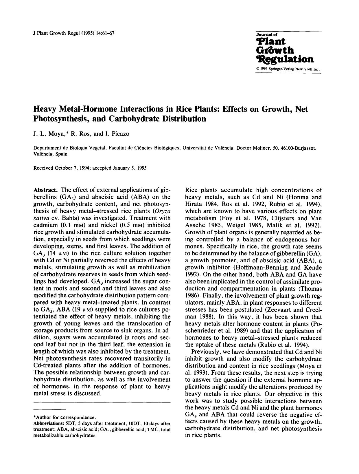 Heavy metal-hormone interactions in rice plants: Effects on growth, net photosynthesis, and carbohydrate distribution by Unknown