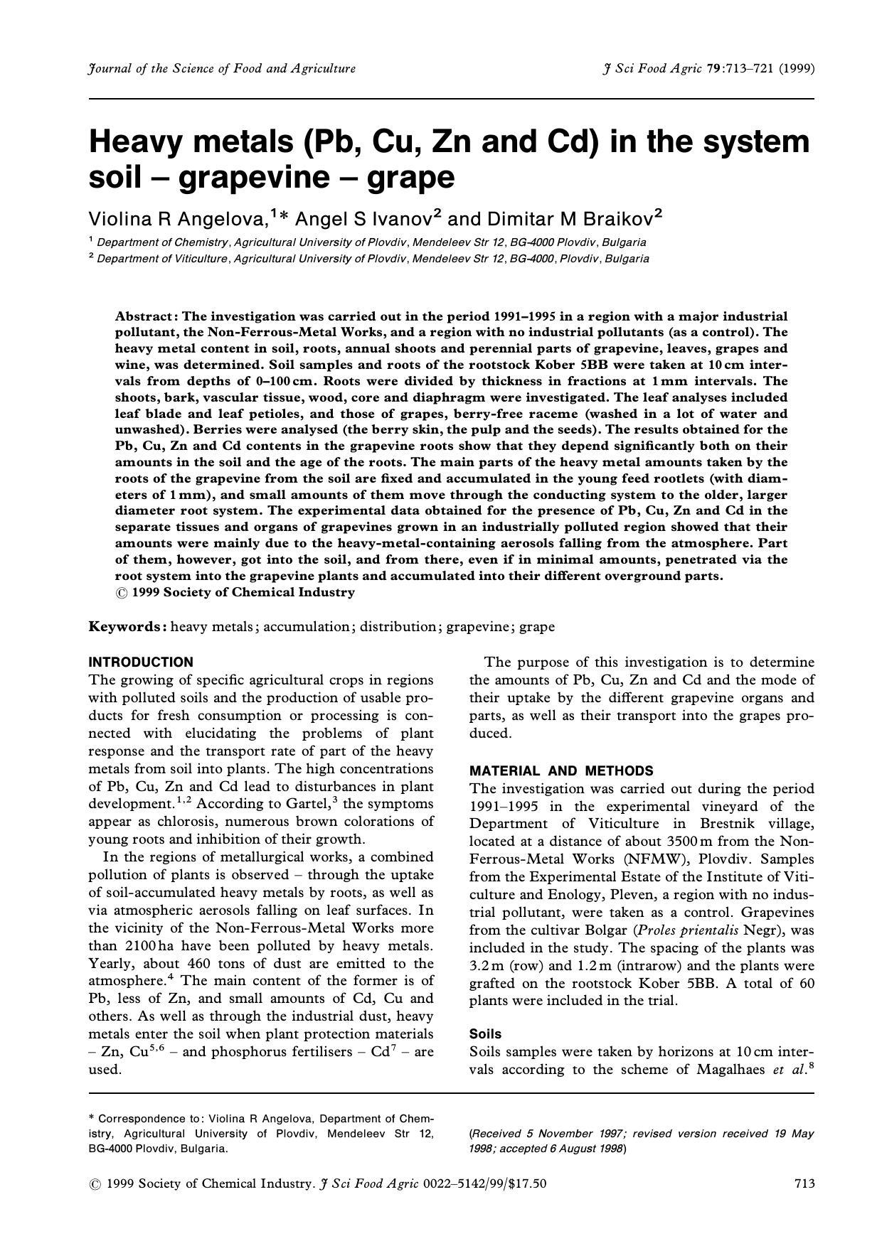 Heavy metals (Pb, Cu, Zn and Cd) in the system soil - grapevine - grape by Unknown