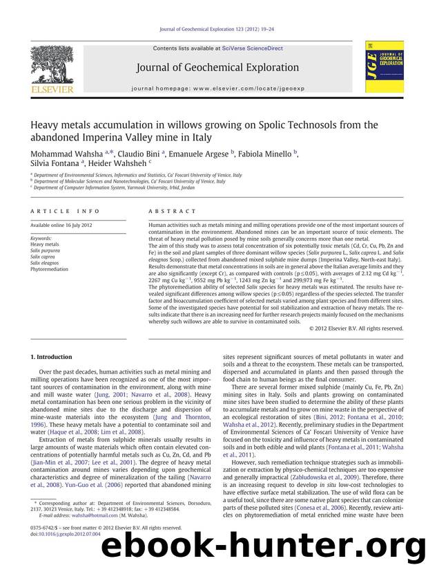 Heavy metals accumulation in willows growing on Spolic Technosols from the abandoned Imperina Valley mine in Italy by Mohammad Wahsha & Claudio Bini & Emanuele Argese & Fabiola Minello & Silvia Fontana & Heider Wahsheh