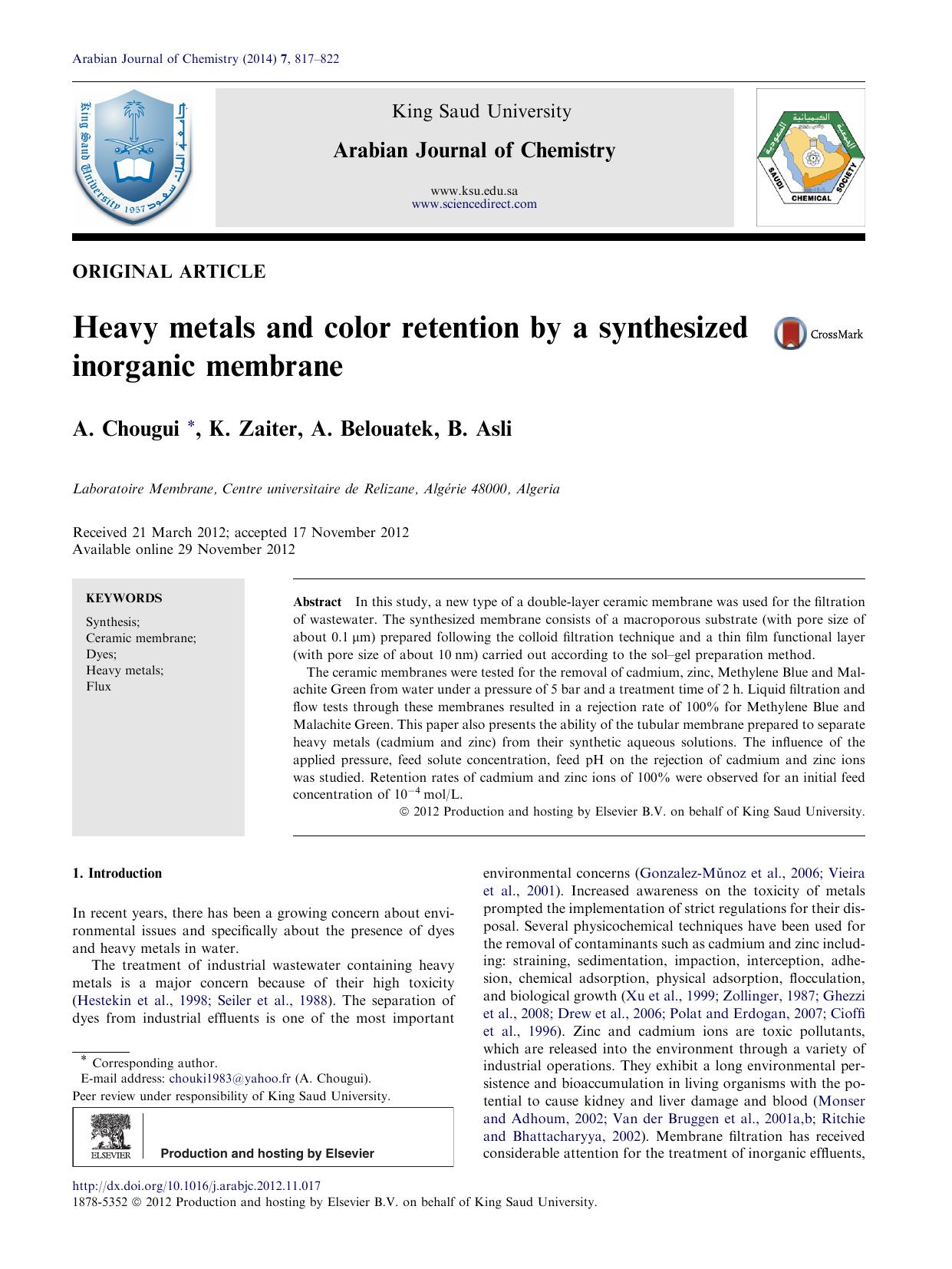 Heavy metals and color retention by a synthesized inorganic membrane by A. Chougui & K. Zaiter & A. Belouatek & B. Asli