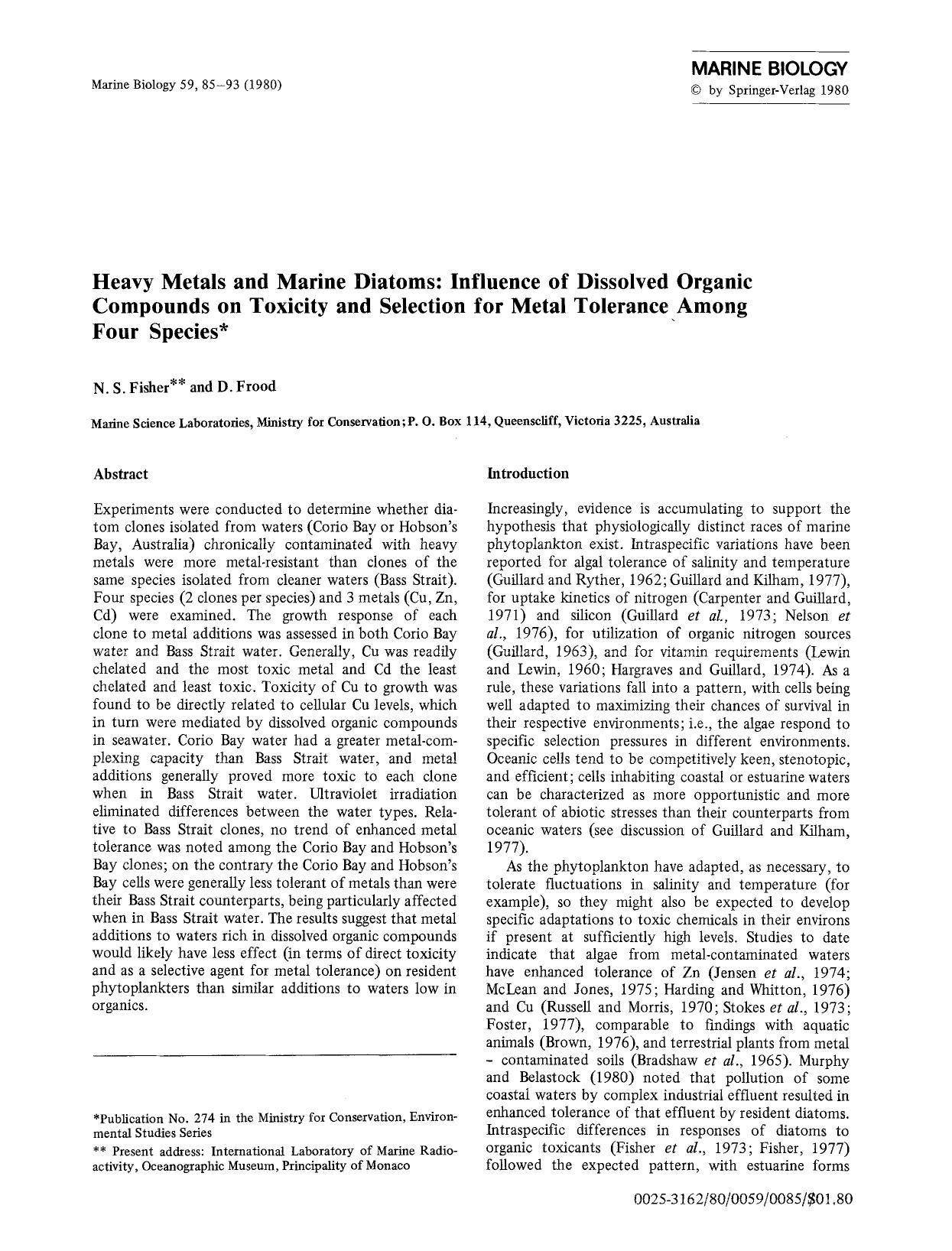 Heavy metals and marine diatoms: Influence of dissolved organic compounds on toxicity and selection for metal tolerance among four species by Unknown
