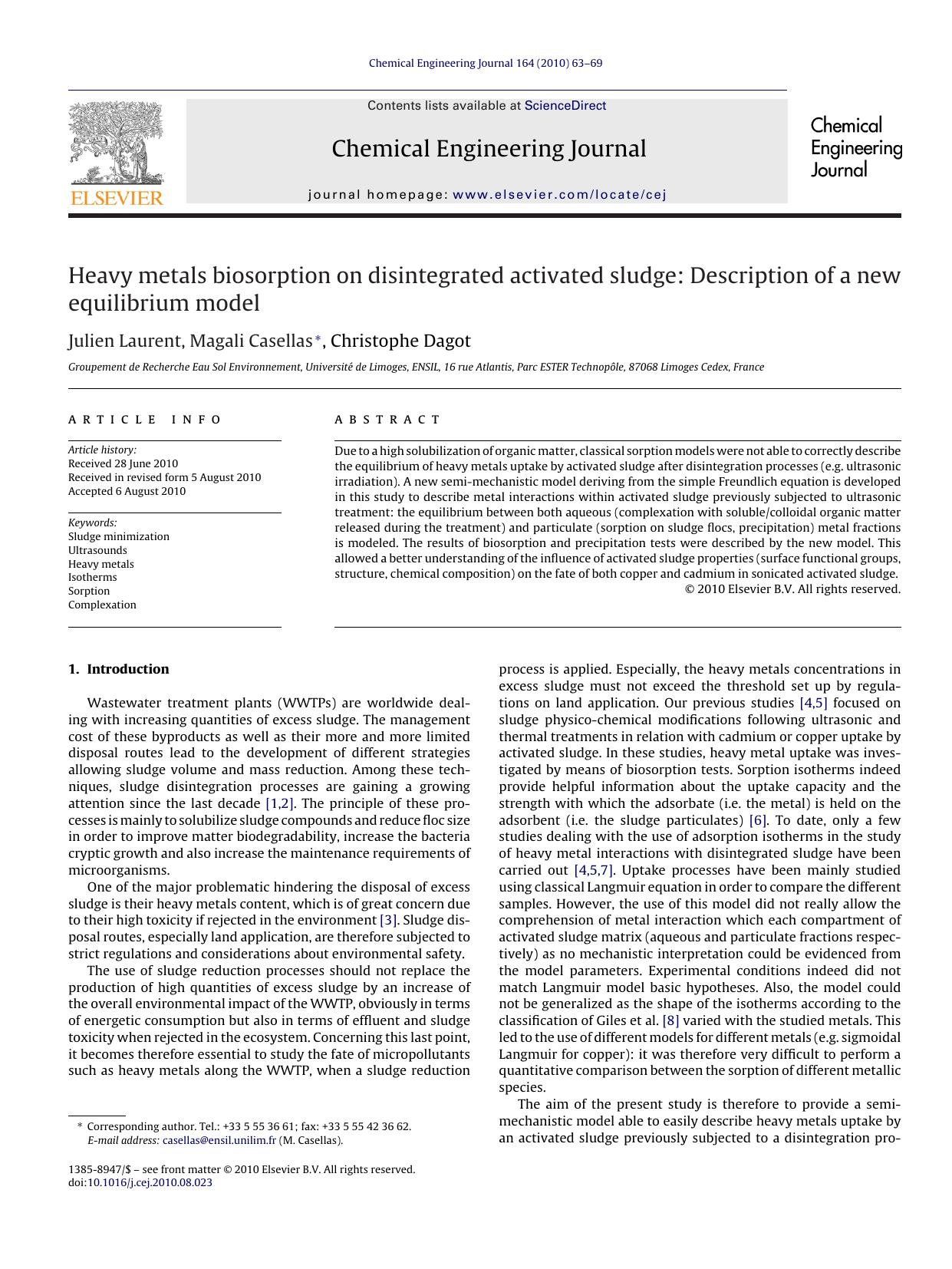 Heavy metals biosorption on disintegrated activated sludge: Description of a new equilibrium model by Julien Laurent