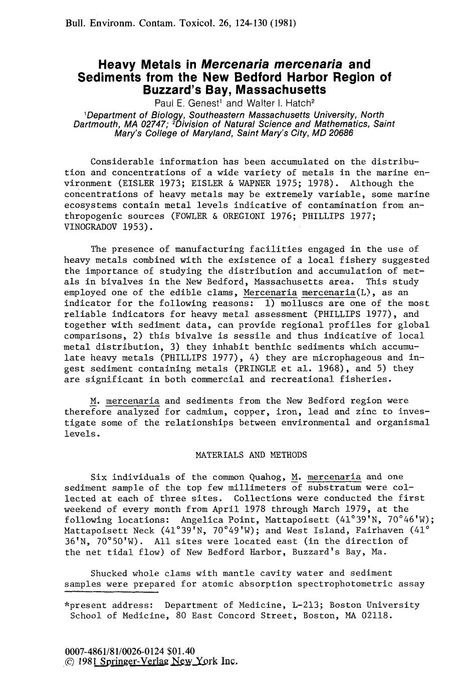 Heavy metals in <Emphasis Type="Italic">Mercenaria mercenaria <Emphasis> and sediments from the New Bedford Harbor region of Buzzard's Bay, Massachusetts by Unknown