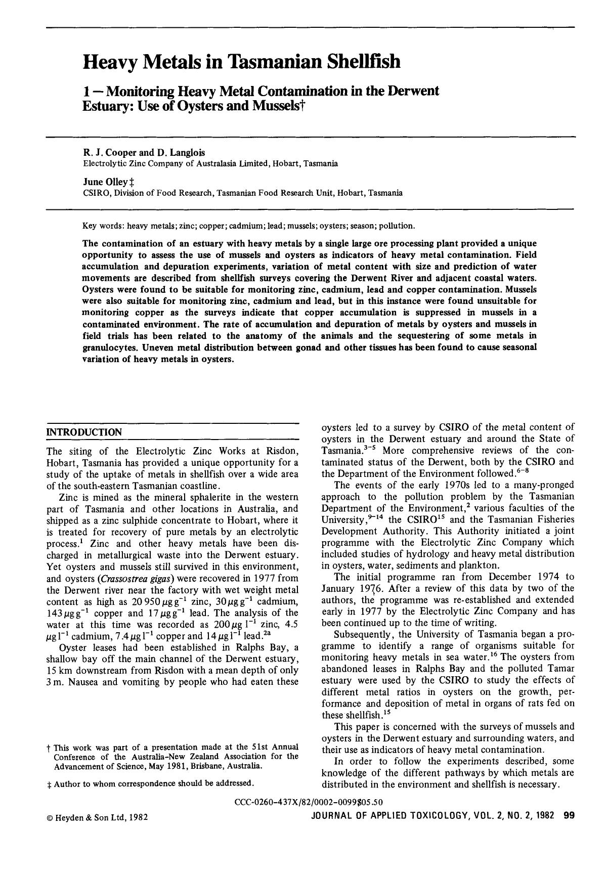 Heavy metals in Tasmanian shellfish 1 - monitoring heavy metal contamination in the Derwent estuary: Use of oysters and mussels by Unknown