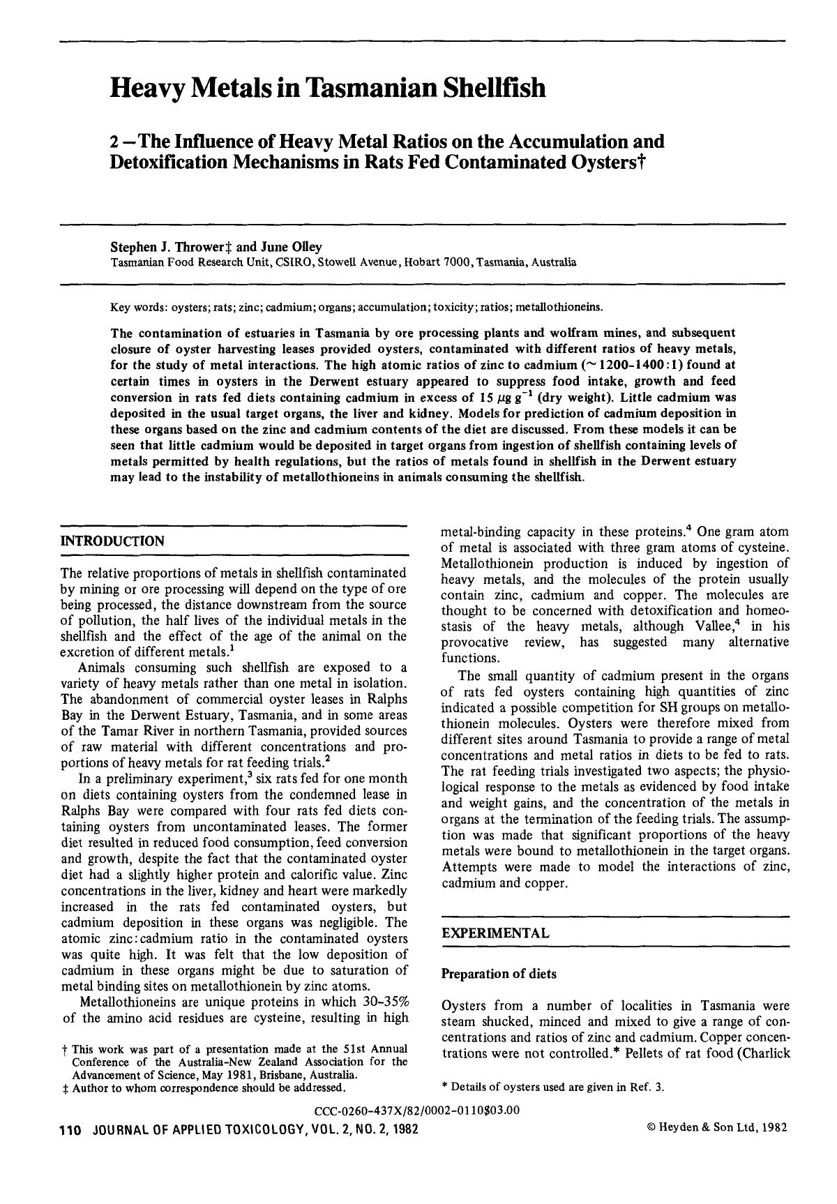 Heavy metals in Tasmanian shellfish. 2 - The influence of heavy metal ratios on the accumulation and detoxification mechanisms in rats fed contaminated oysters by Unknown