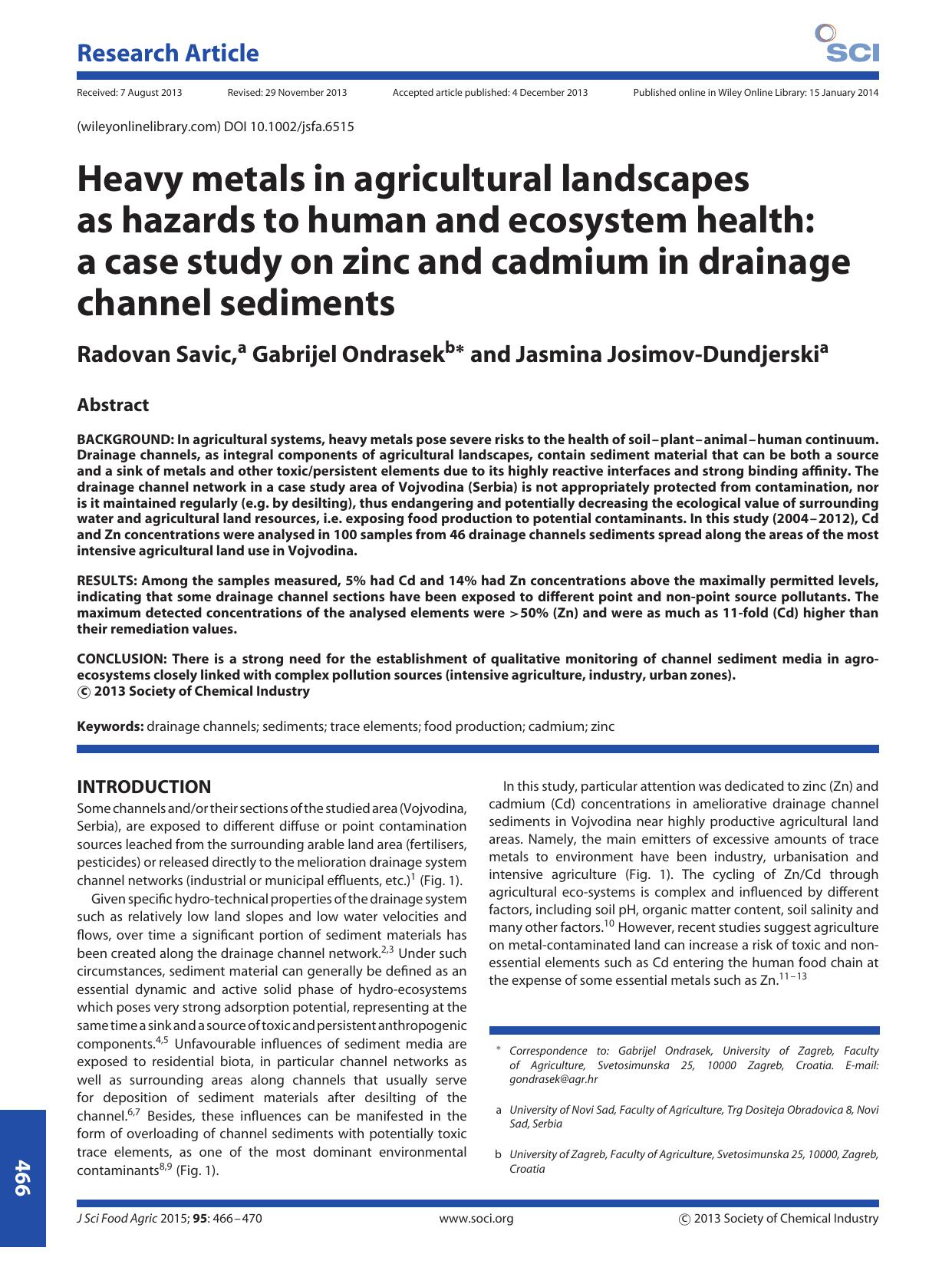 Heavy metals in agricultural landscapes as hazards to human and ecosystem health: a case study on zinc and cadmium in drainage channel sediments by Unknown