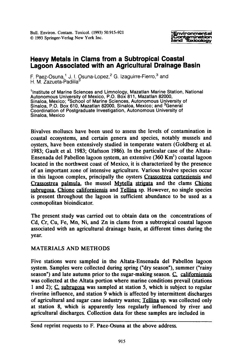 Heavy metals in clams from a subtropical coastal lagoon associated with an agricultural drainage basin by Unknown