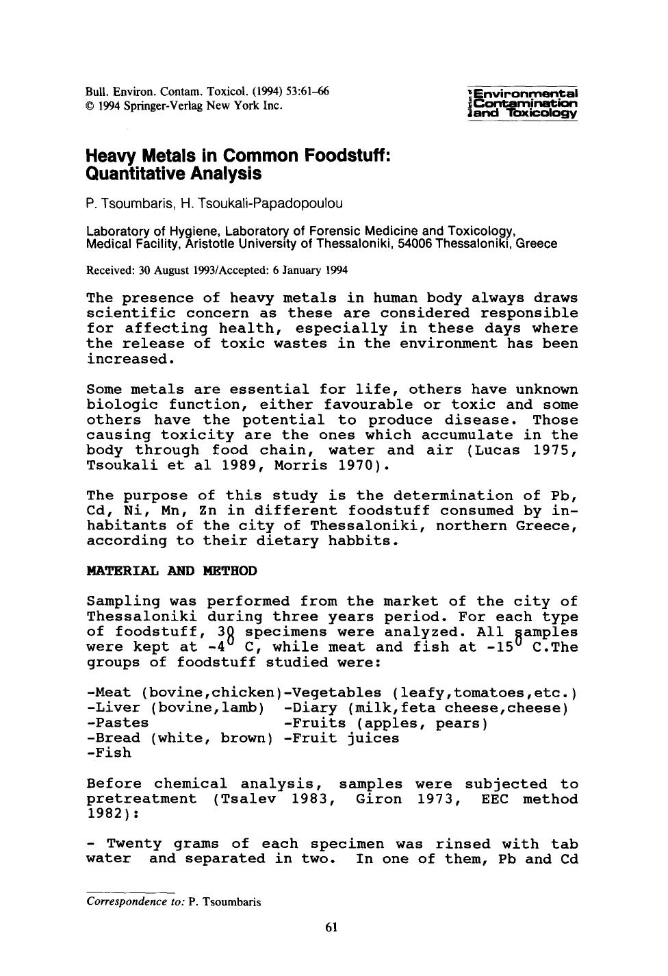 Heavy metals in common foodstuff: Quantitative analysis by Unknown
