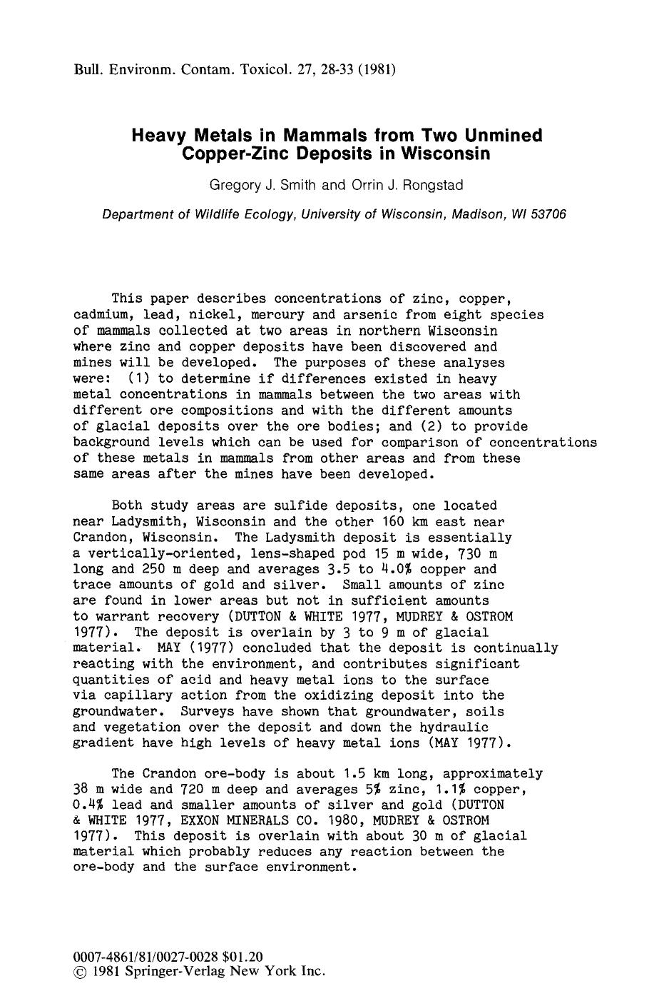 Heavy metals in mammals from two unmined copper-zinc deposits in Wisconsin by Unknown