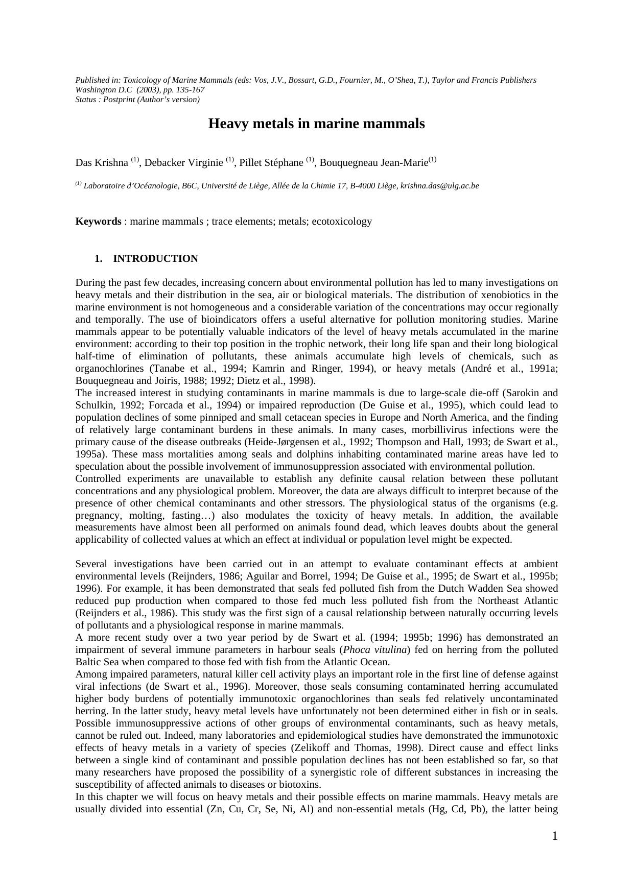 Heavy metals in marine mammals by Das K. Debacker V. Pillet S. Bouquegneau J.-M