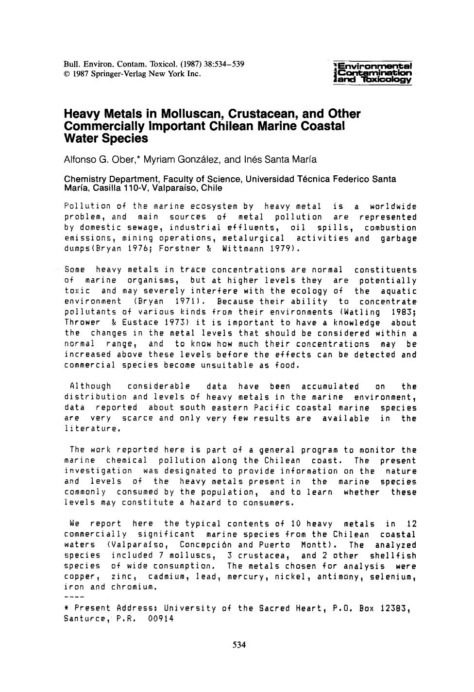 Heavy metals in molluscan, Crustacean, and other commercially important Chilean marine coastal water species by Unknown