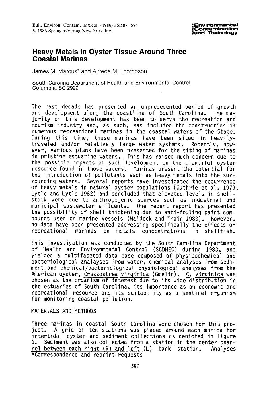 Heavy metals in oyster tissue around three coastal marinas by Unknown