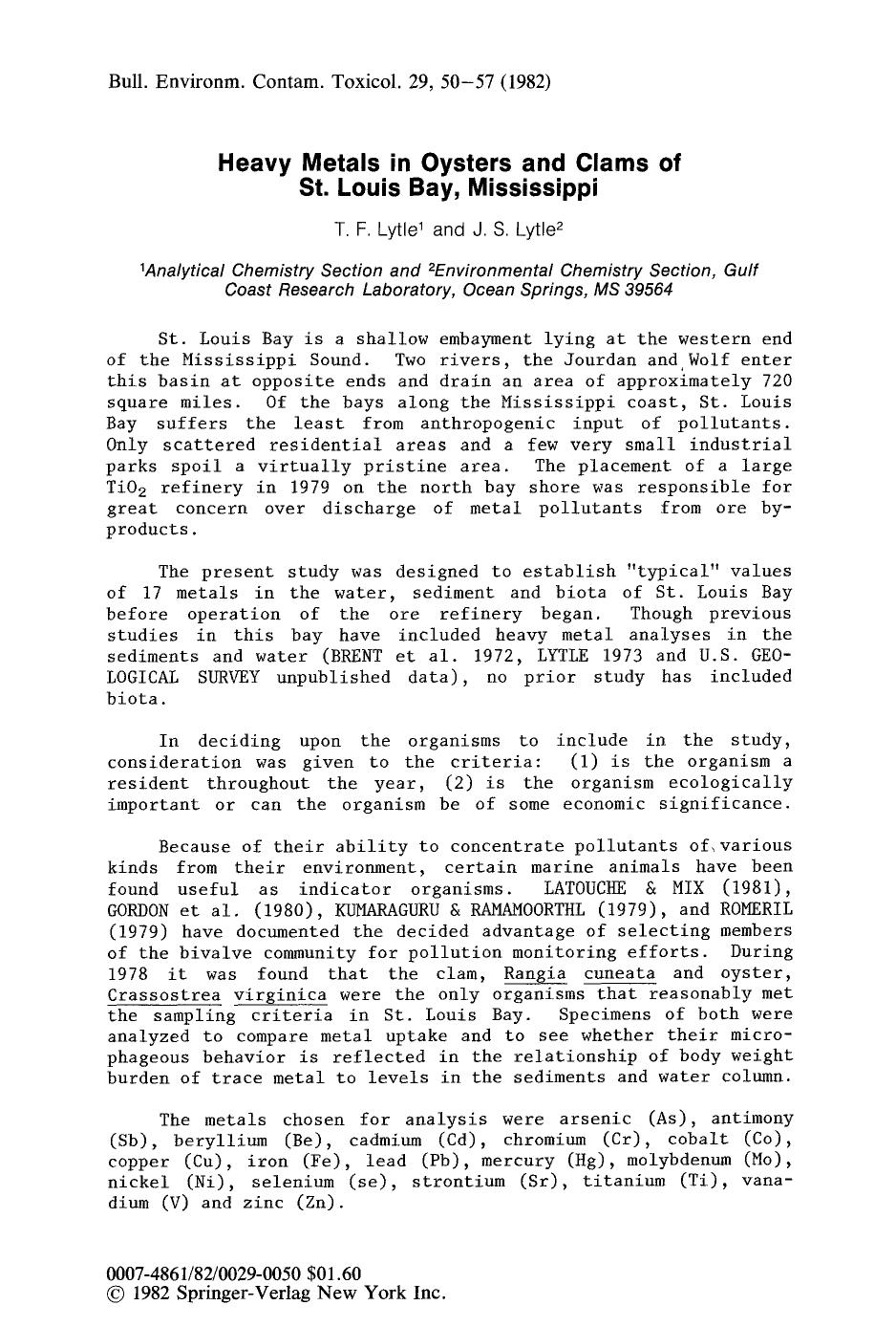 Heavy metals in oysters and clams of St. Louis Bay, Mississippi by Unknown