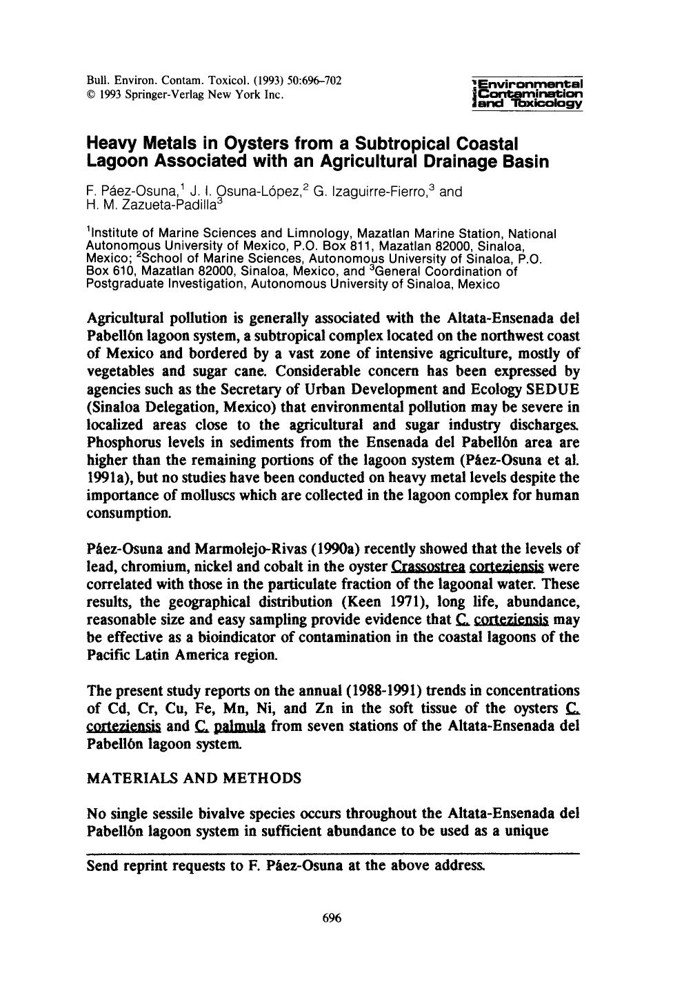 Heavy metals in oysters from a subtropical coastal lagoon associated with an agricultural drainage basin by Unknown