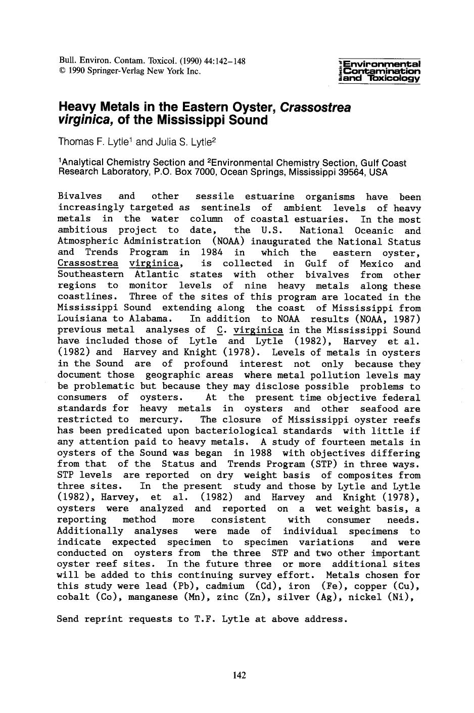 Heavy metals in the eastern oyster, <Emphasis Type="Italic">Crassostrea virginica <Emphasis>, of the Mississippi sound by Unknown