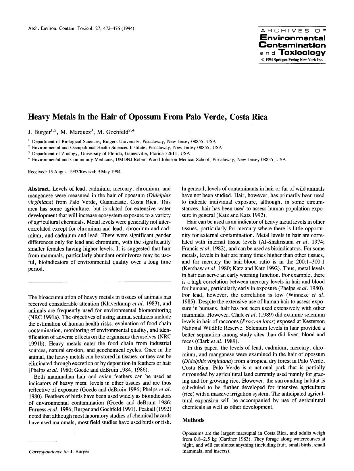 Heavy metals in the hair of opossum from Palo Verde, Costa Rica by Unknown