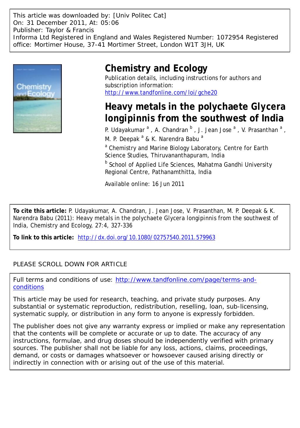 Heavy metals in the polychaete Glycera longipinnis from the southwest of India by unknow