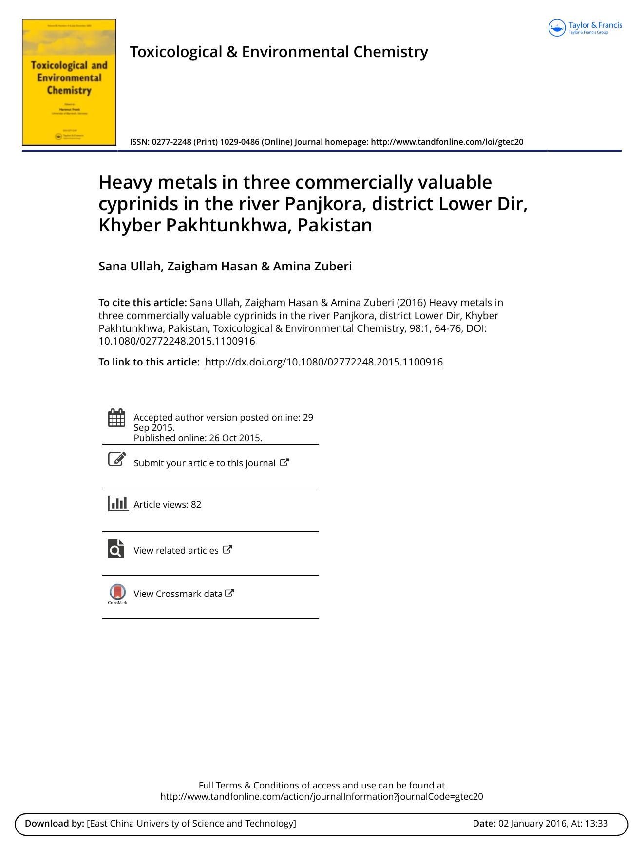 Heavy metals in three commercially valuable cyprinids in the river Panjkora, district Lower Dir, Khyber Pakhtunkhwa, Pakistan by Sana Ullah