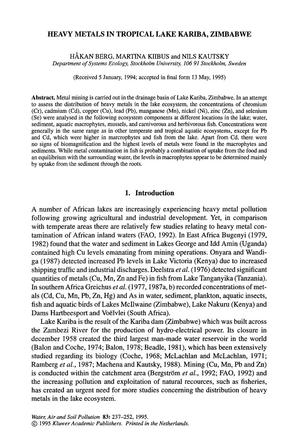 Heavy metals in tropical Lake Kariba, Zimbabwe by Unknown