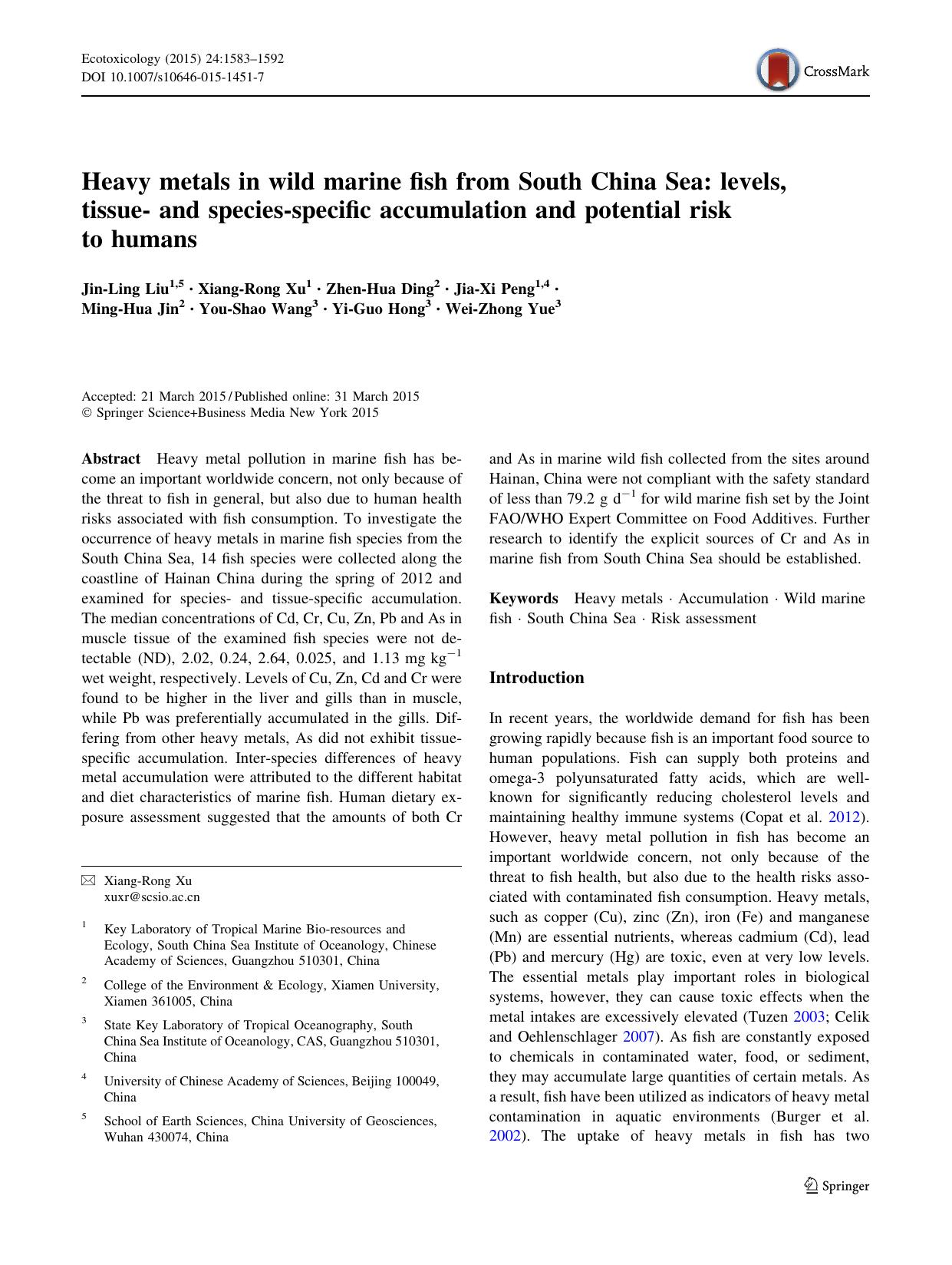 Heavy metals in wild marine fish from South China Sea: levels, tissue- and species-specific accumulation and potential risk to humans by unknow