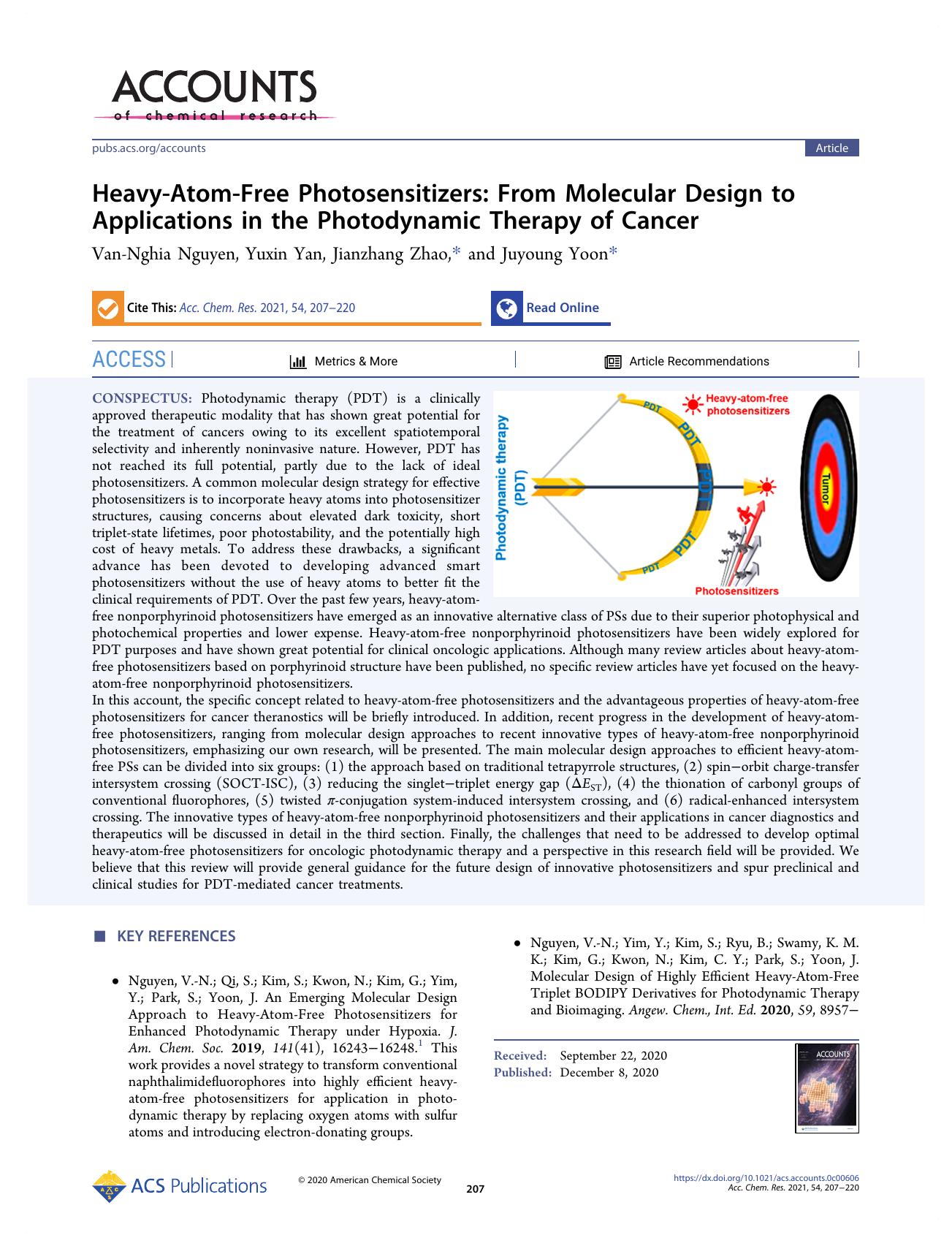 Heavy-Atom-Free Photosensitizers: From Molecular Design to Applications in the Photodynamic Therapy of Cancer by Van-Nghia Nguyen; Yuxin Yan; Jianzhang Zhao; Juyoung Yoon