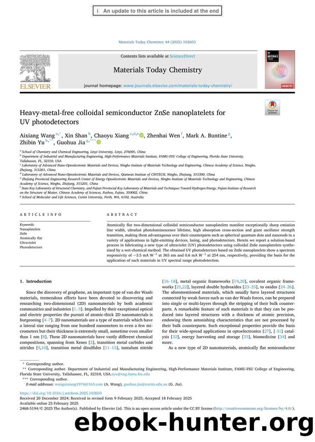 Heavy-metal-free colloidal semiconductor ZnSe nanoplatelets for UV photodetectors by Aixiang Wang & Xin Shan & Chaoyu Xiang & Zhenhai Wen & Mark A. Buntine & Zhibin Yu & Guohua Jia