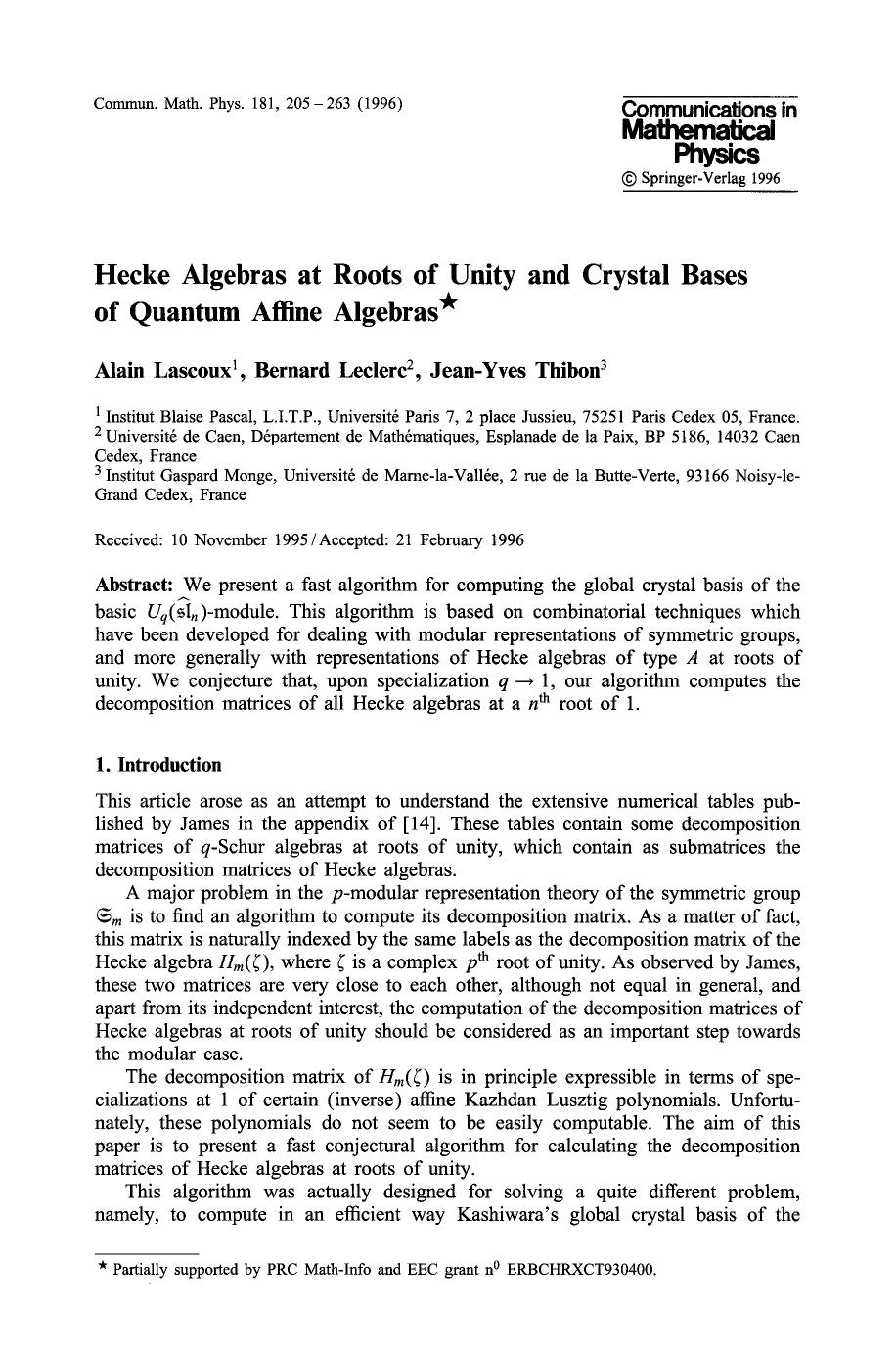 Hecke algebras at roots of unity and crystal bases of quantum affine algebras by Unknown