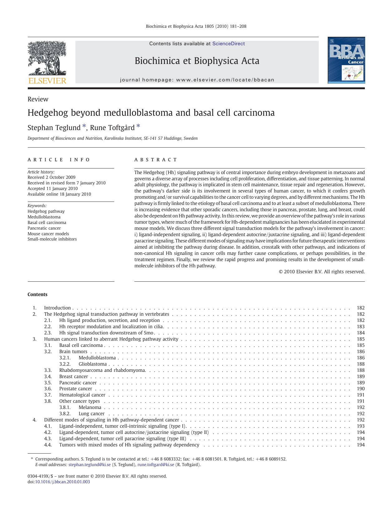 Hedgehog beyond medulloblastoma and basal cell carcinoma by Stephan Teglund; Rune Toftgård