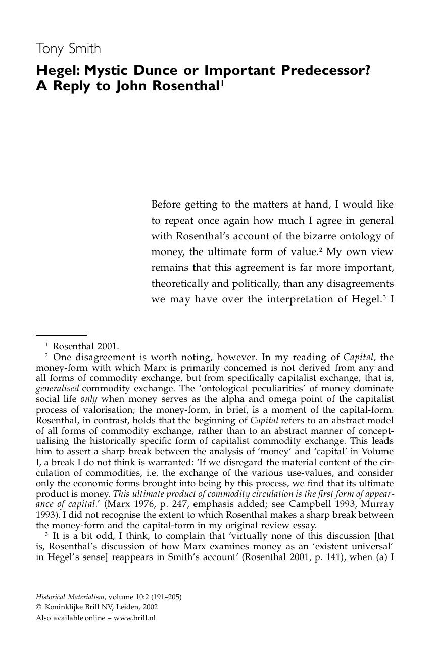 Hegel: Mystic Dunce or Important Predecessor? A Reply to John Rosenthal by Hegel. Mystic Dunce or Important Predecessor A Reply to John Rosenthal