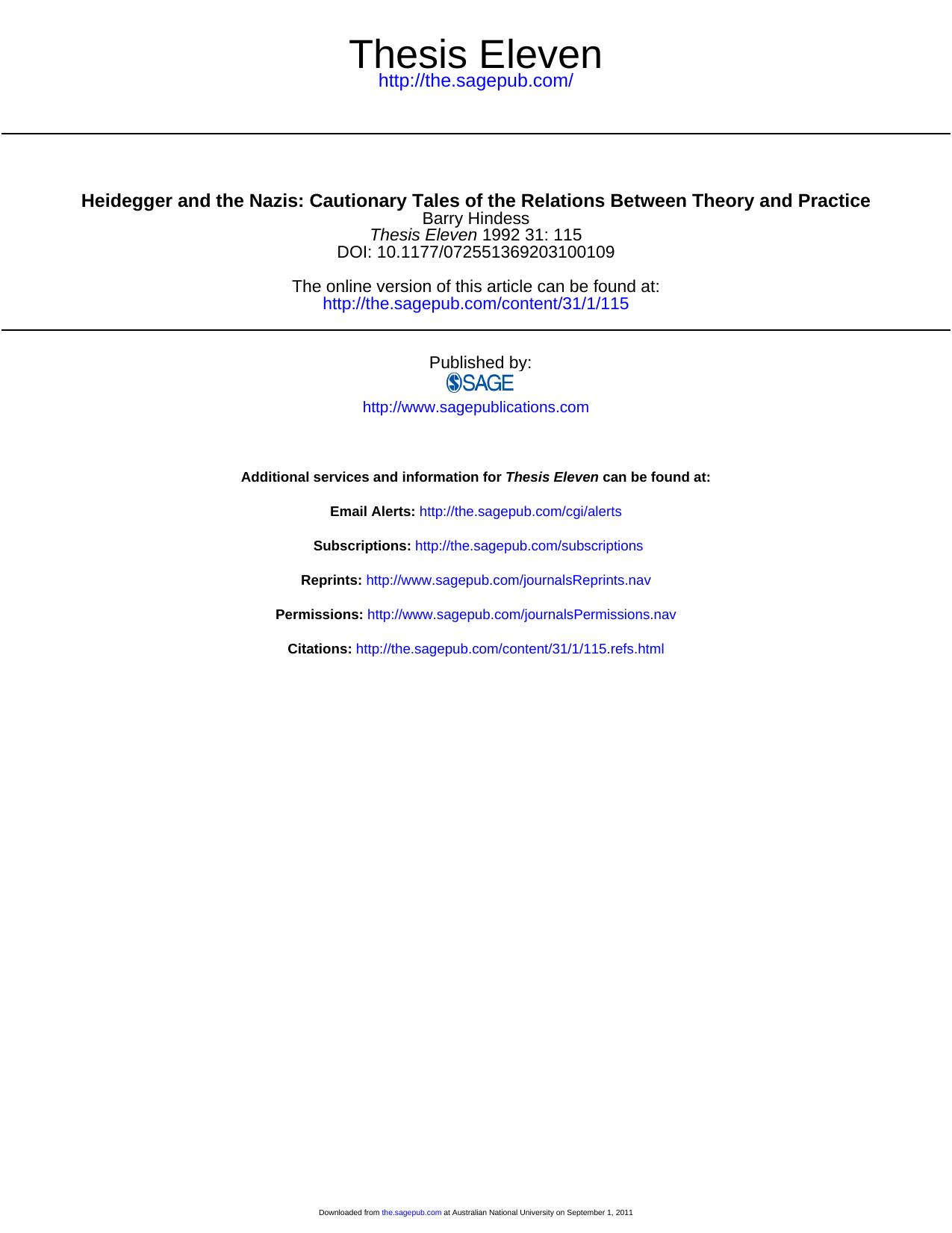 Heidegger and the Nazis- Cautionary Tales of the Relations Between Theory and Practice Thesis Eleven-1992-Hindess-115-30 by Unknown