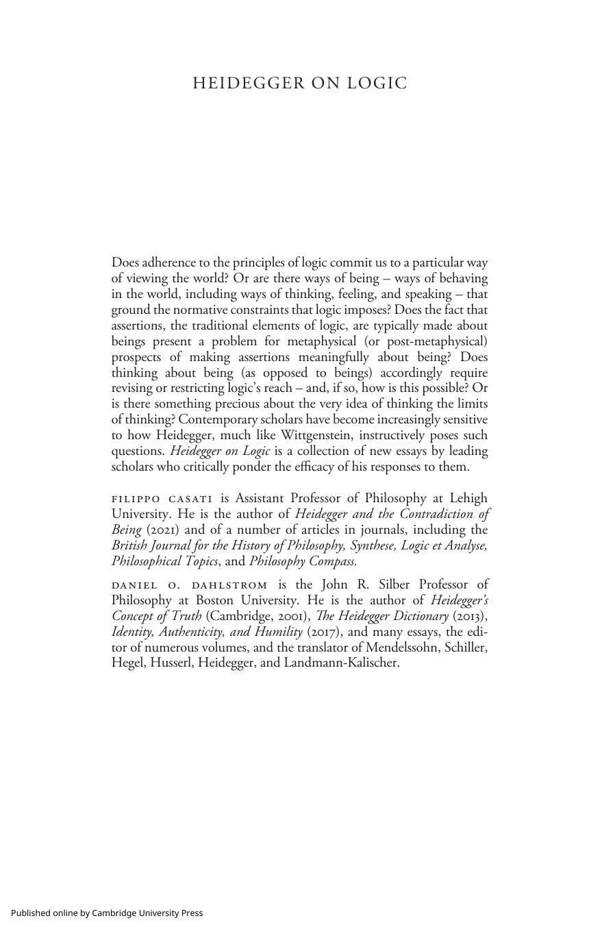 Heidegger on Logic by Filippo Casati Daniel Dahlstrom