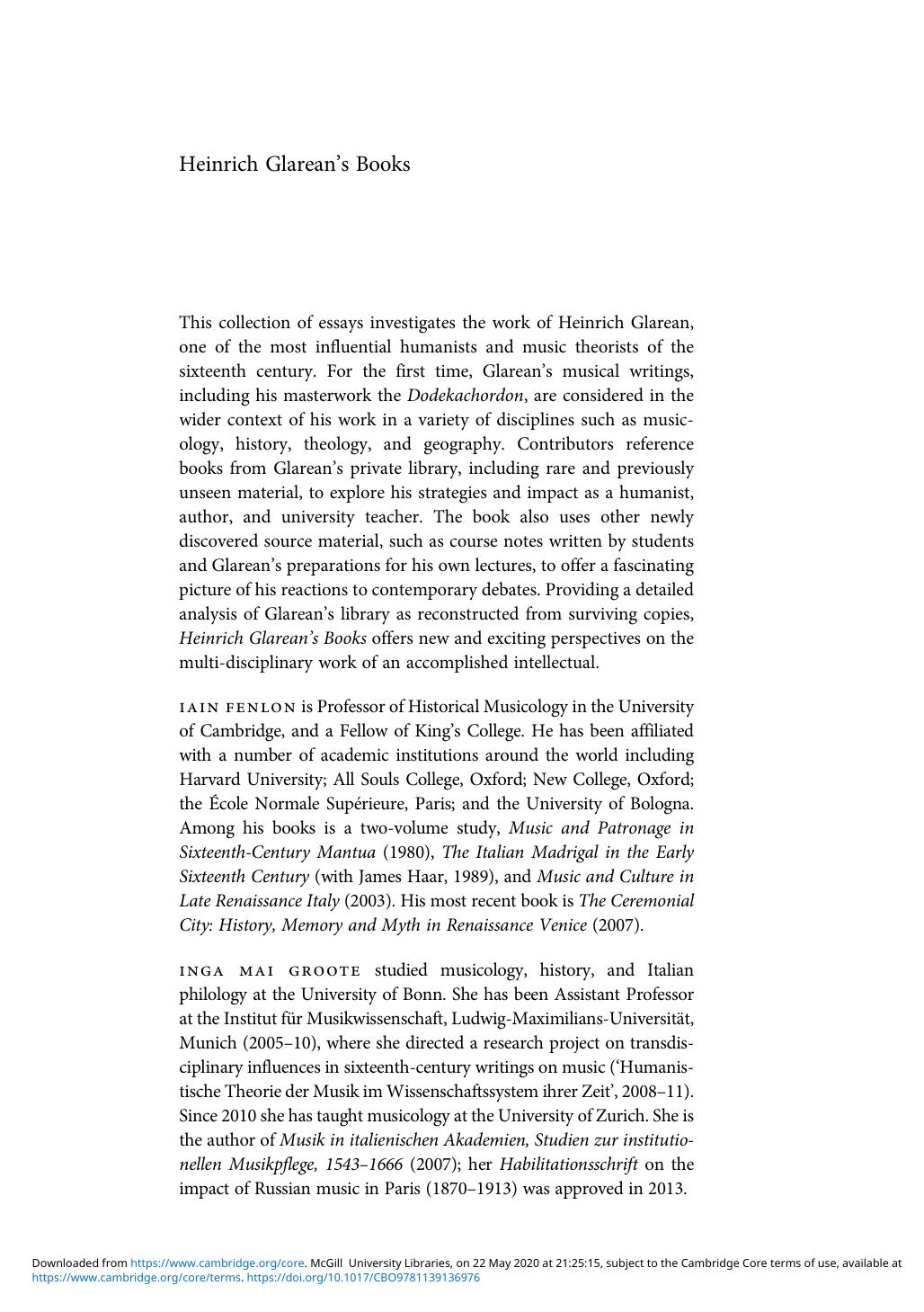 Heinrich Glarean's books : the intellectual world of a sixteenth-century musical humanist by Iain Fenlon; Inga Mai Groote