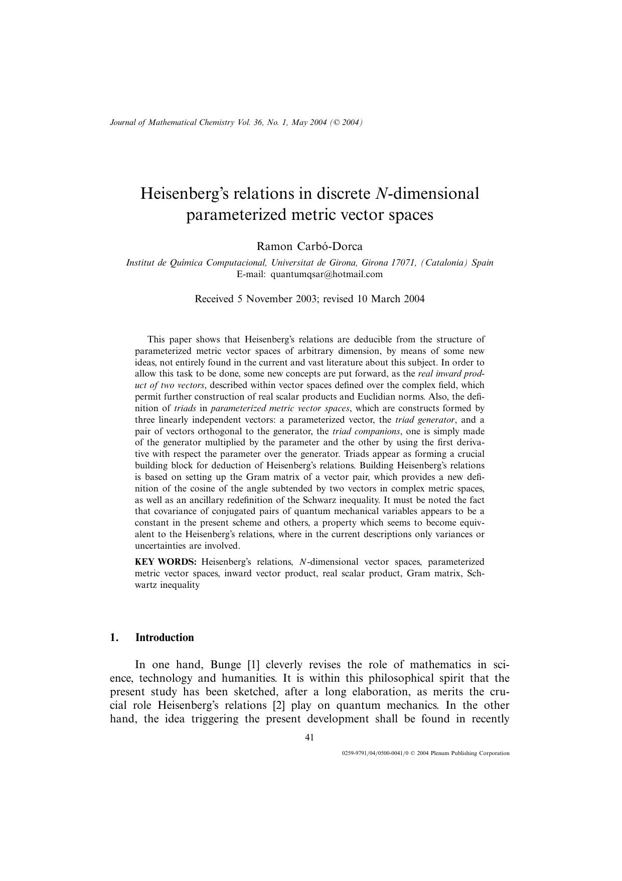 Heisenberg&#x2019;s Relations in Discrete <Emphasis Type="Italic">N<Emphasis>-Dimensional Parameterized Metric Vector Spaces by Unknown