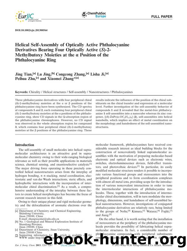 Helical SelfAssembly of Optically Active Phthalocyanine Derivatives Bearing Four Optically Active (S)2Methylbutoxy Moieties at the  Position of the Phthalocyanine Ring by Unknown