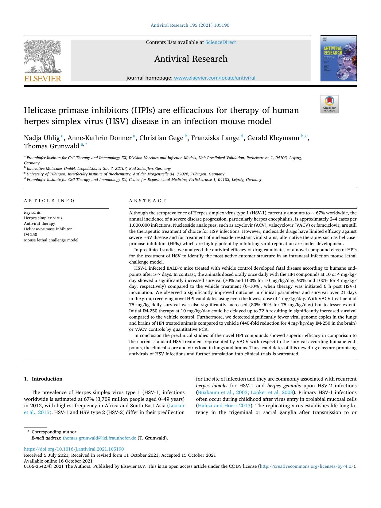 Helicase primase inhibitors (HPIs) are efficacious for therapy of human herpes simplex virus (HSV) disease in an infection mouse model by unknow