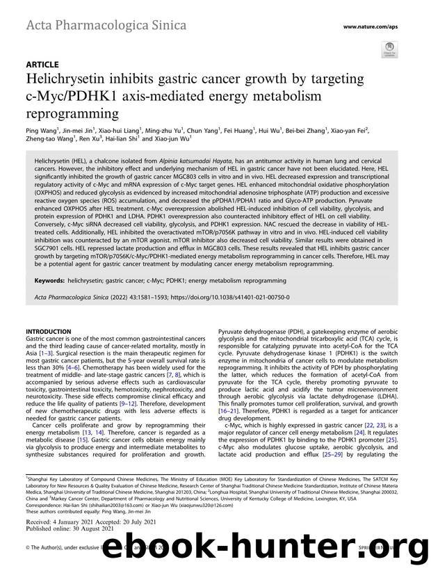 Helichrysetin inhibits gastric cancer growth by targeting c-MycPDHK1 axis-mediated energy metabolism reprogramming by unknow
