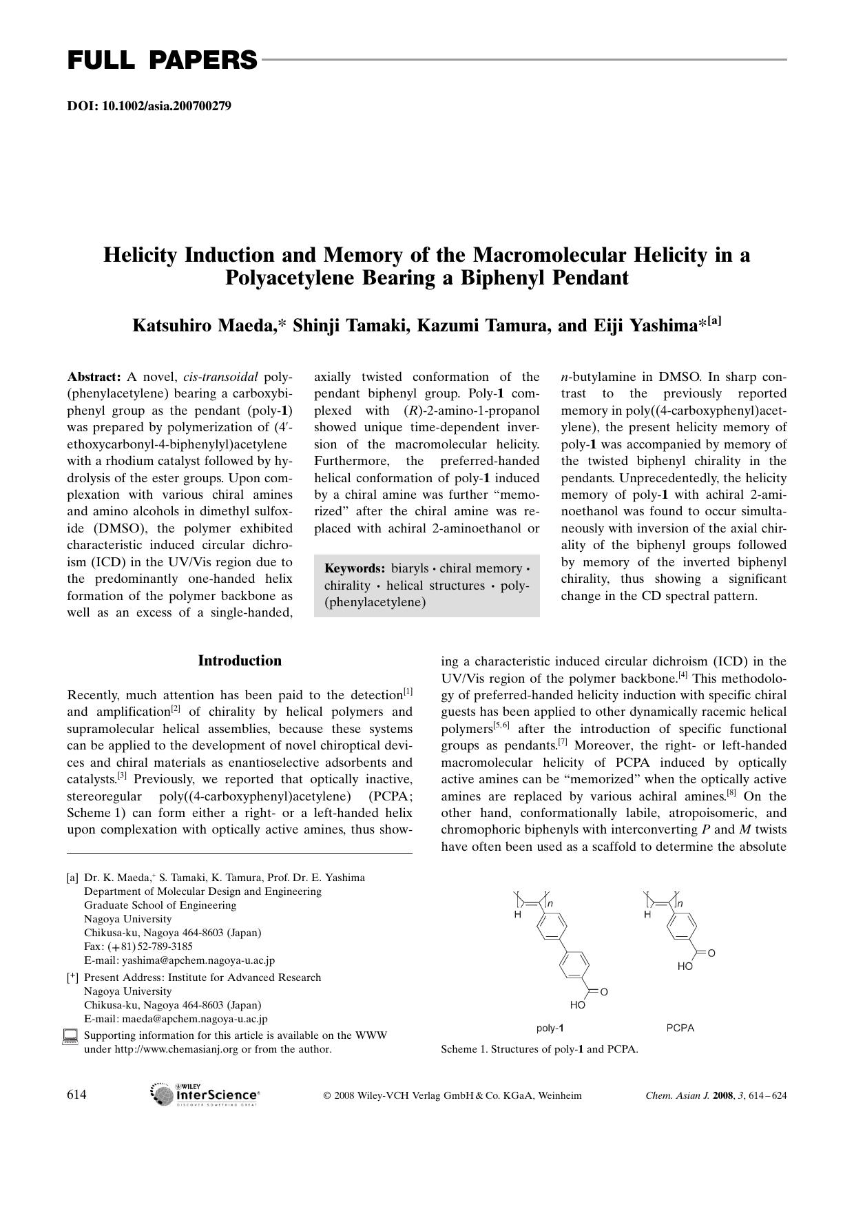 Helicity Induction and Memory of the Macromolecular Helicity in a Polyacetylene Bearing a Biphenyl Pendant by Unknown