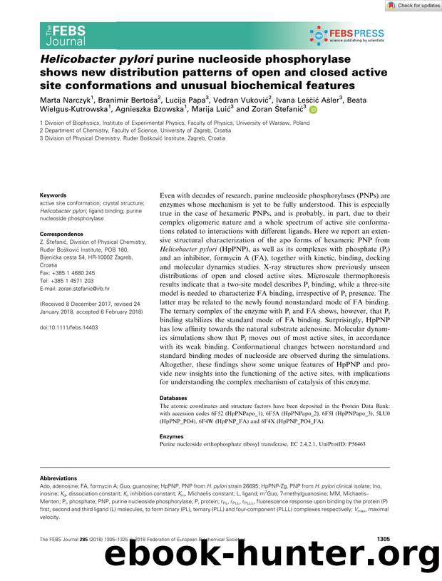 HelicobacterÂ pylori purine nucleoside phosphorylase shows new distribution patterns of open and closed active site conformations and unusual biochemical features by Unknown