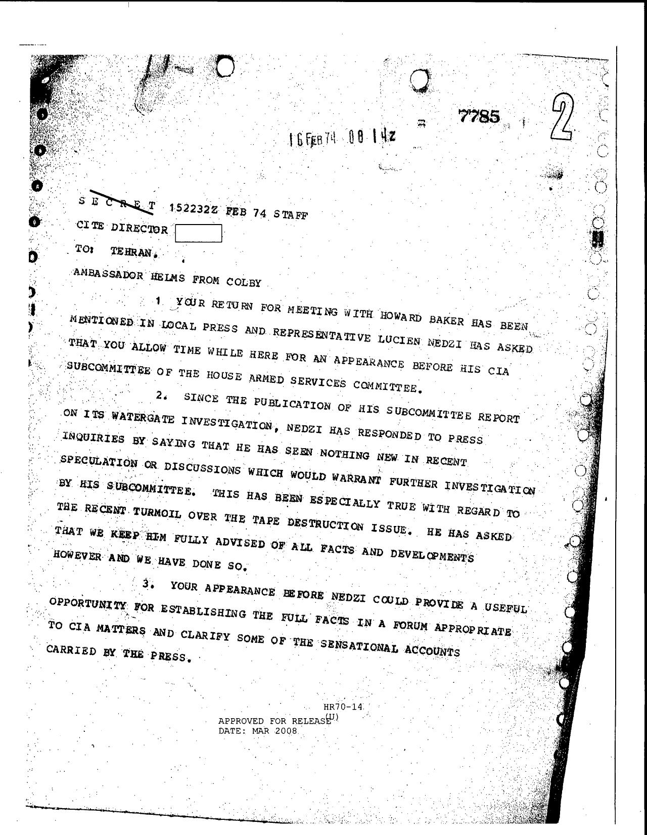 Helms for Colby re return for meeting w Howard Baker 74 1503692 by Unknown