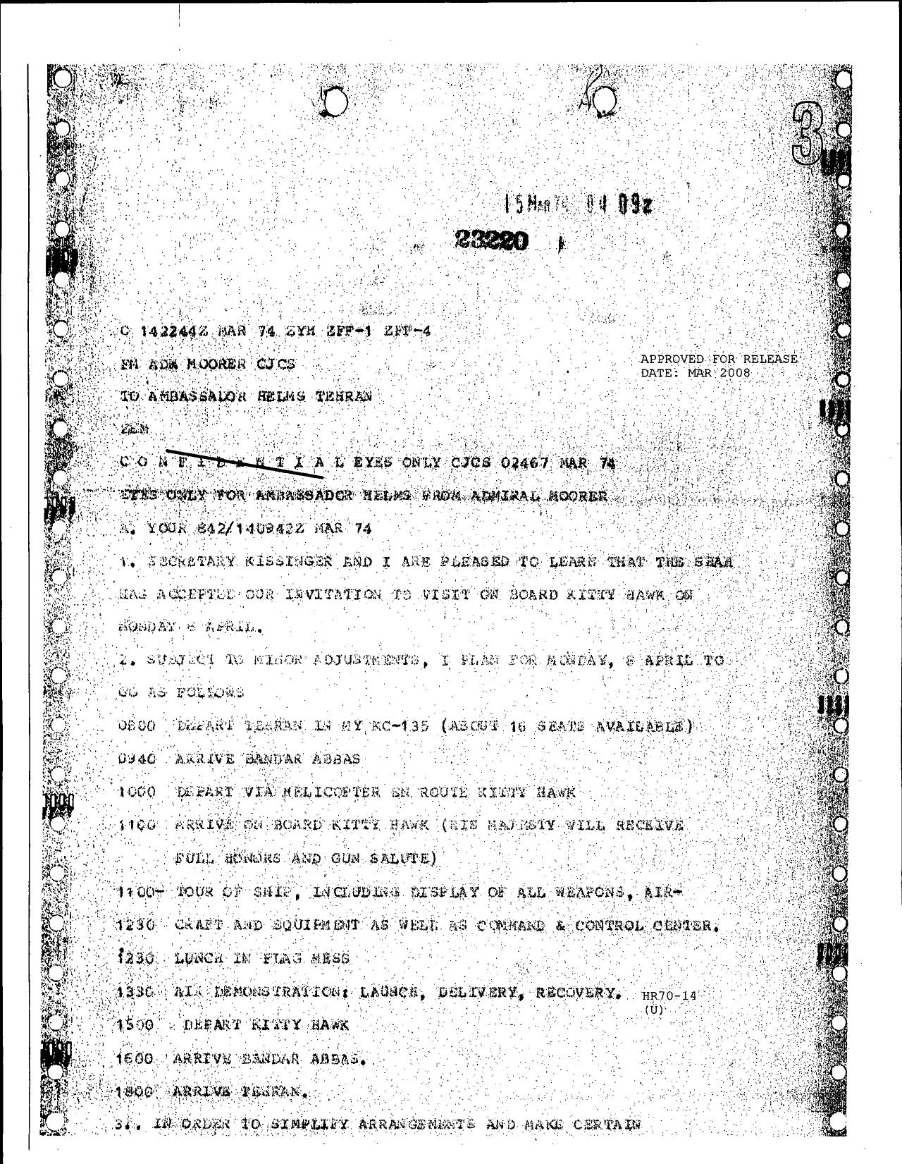 Helms for Moorer re Kissinger pleased to learn that Shah ... 74 1503718 by Unknown
